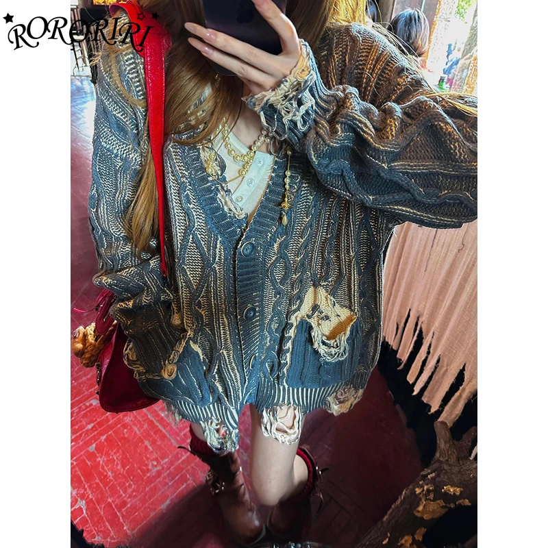 RORORIRI Ripped Holes Women Cable Knit Cardigan Sweater Frayed Long Sleeves Single-breasted Jumper Top Vintage Lounge Clothes