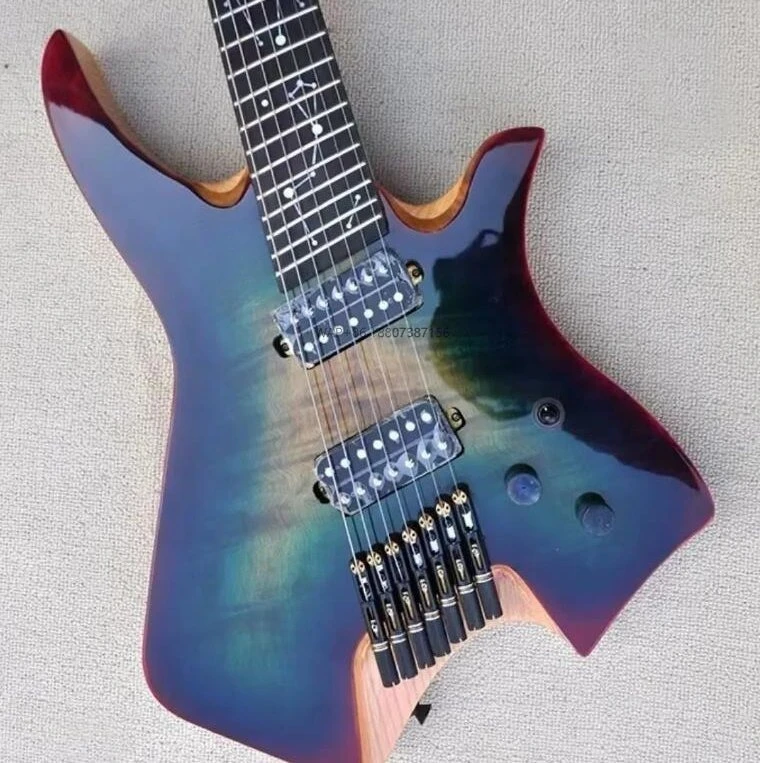 Left Handed 7-String Electric Guitar Ash Body Headless Fan Gloss Gloss Ebony Solid Top Acoustic Headstock for Bass Music