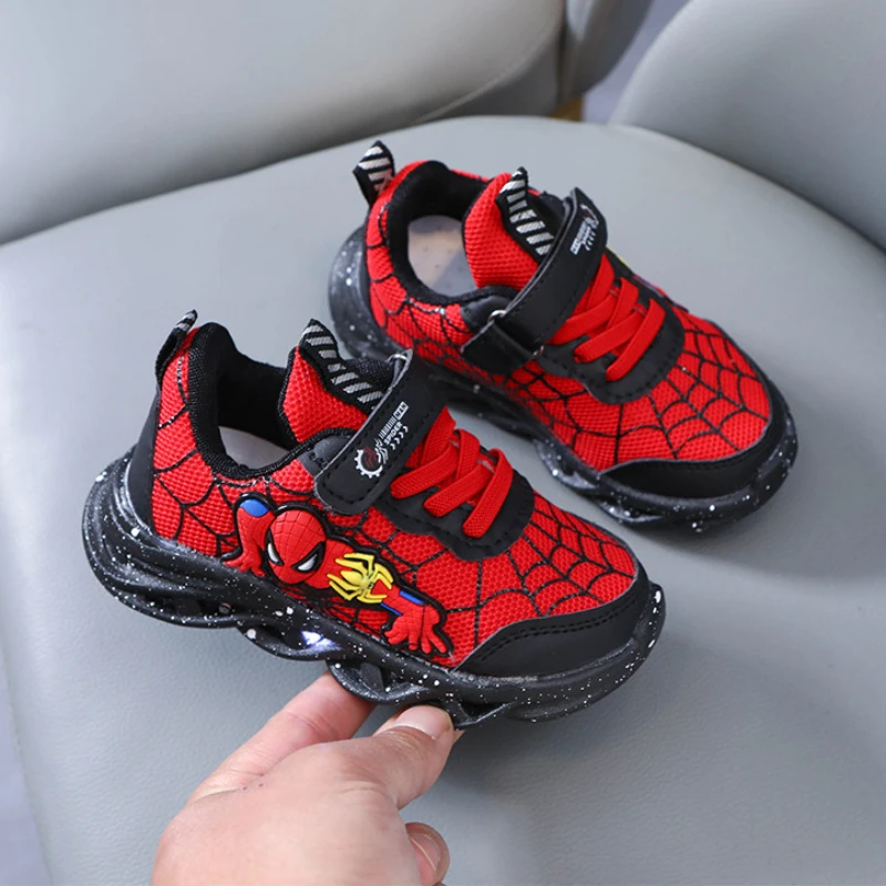 Spring Autumn Boys Spiderman Mesh Breathable Sport Shoes Disney LED Children\'s Sneakers Kids Casual Shoes Light Shoes for 0-6Y