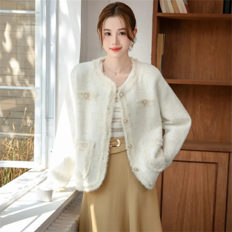 Autumn New Korean Apricot Round Neck Long Sleeve Women Slim Short Coat Single-breasted Big Pocket Female Jacket Chaqueta Mujer