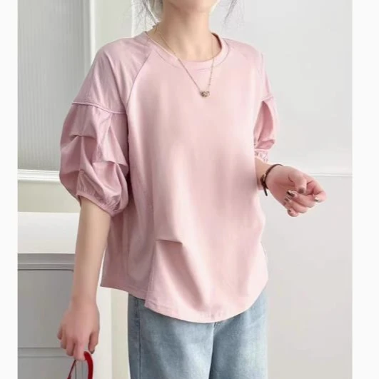 

Простая футболка с рукавом-фонариком, свободная посадка, футболка с коротким рукавом, женский повседневный простой топ