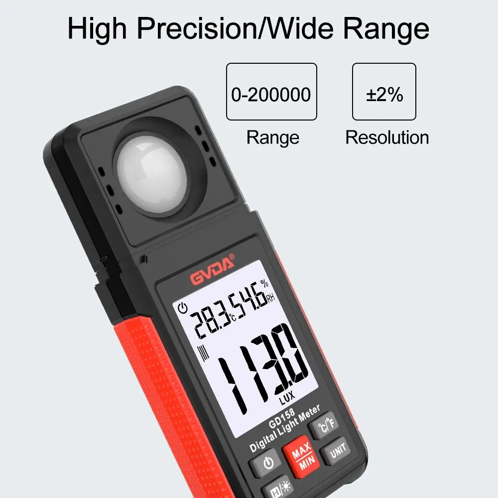 GVDA GD158 Light Meter 200000 Lux Digital Illuminance Meter Photometer with Ambient Humidity and Temperature Tester Lux Meter