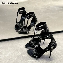 Rivet Ring Buckle High-Heeled Shoes Summer New Round Toe Open-Toed One Word with Stiletto Zipper Sandals Women's Shoes