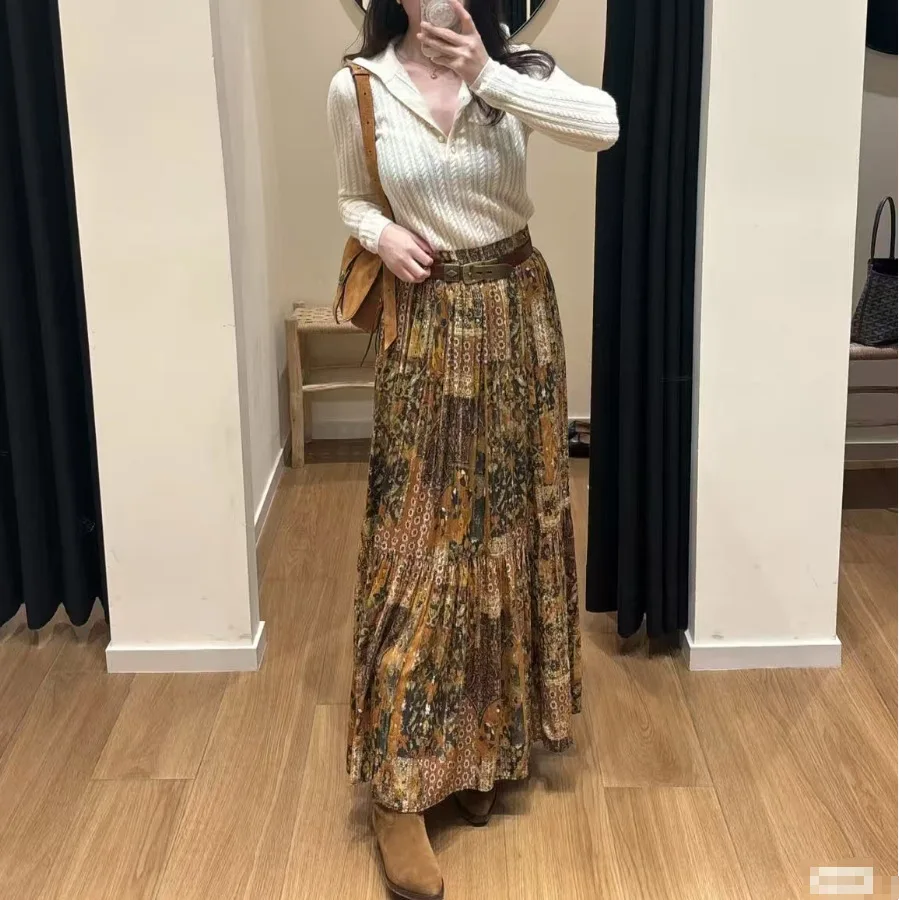 

Withered Spring And Summer New French Niche Retro Relaxed Print Pleated Half Skirt Long Skirt Skirt Woman Clothing Faldas Skirts