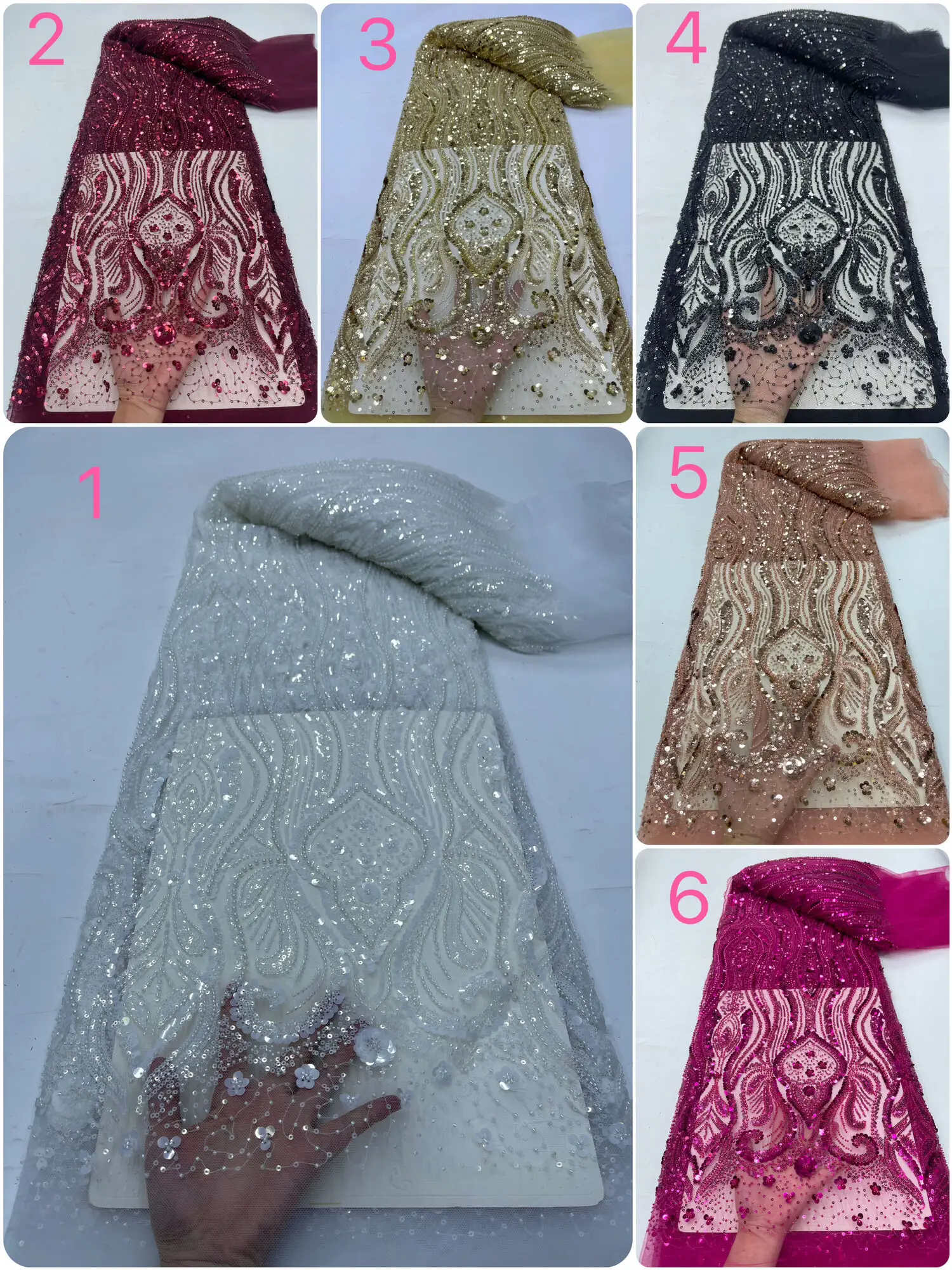 

Sequined Lace Fabric for Wedding Dress, Luxurious African Groom, Pink Beads Embroidery, French Tulle, High Quality, 2024