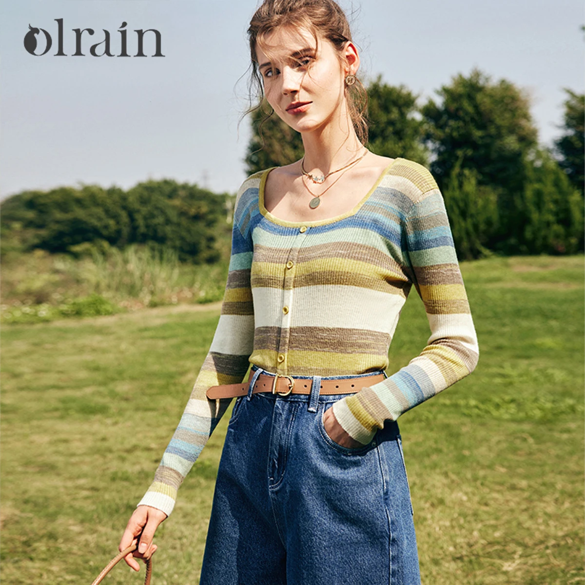 

OLrain Women Knitwear Jumper 2026 Autumn French Color Striped Pullover Slim-fit One-word Neck Knitted Sweaters N56QM66518