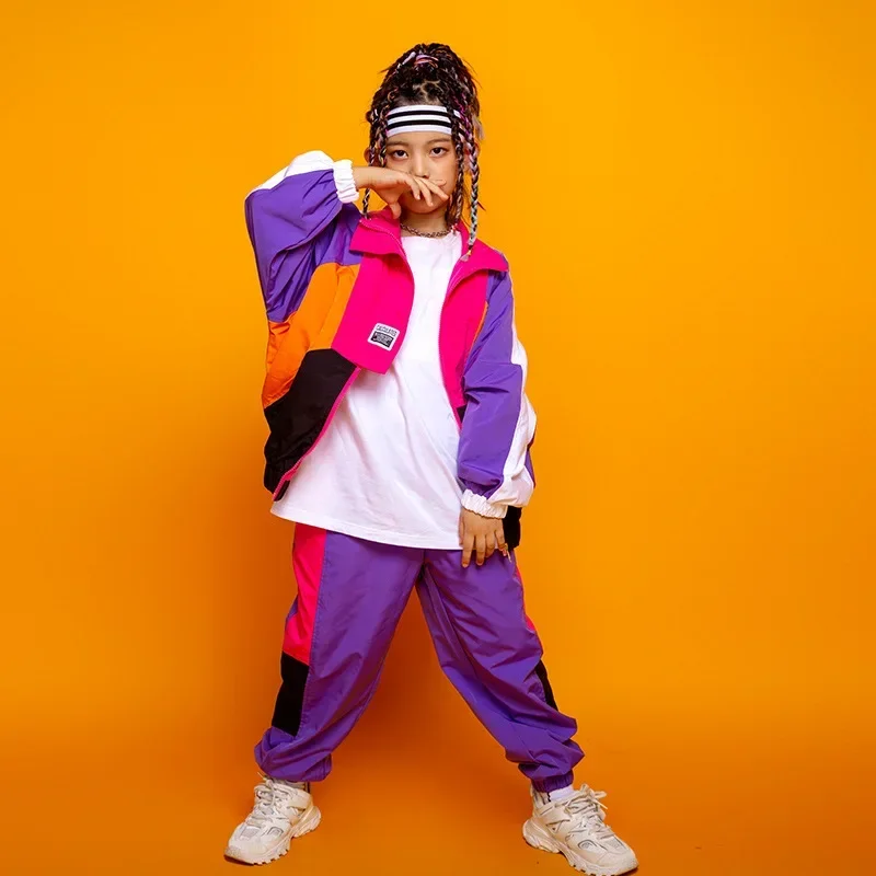 Hip Hop Clothes For Children Girls Boys Running Color Zipper Jacket Coat Loose Jogger Pants Jazz Dance Costume Drum Performance