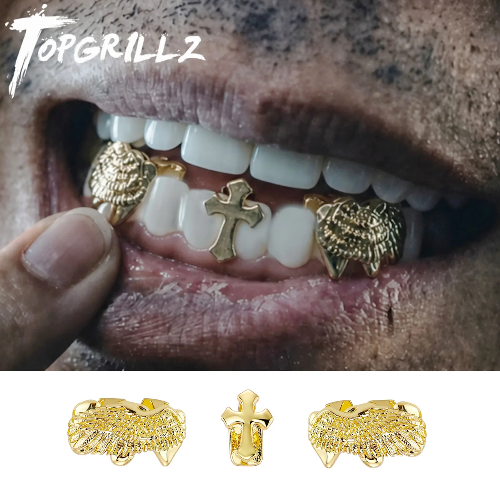 TOPGRILLZ 3Pcs Hip Hop Grillz Set Y2K Cross Single Wing Double Tooth Top Iced Out Teeth Jewelry Men Women