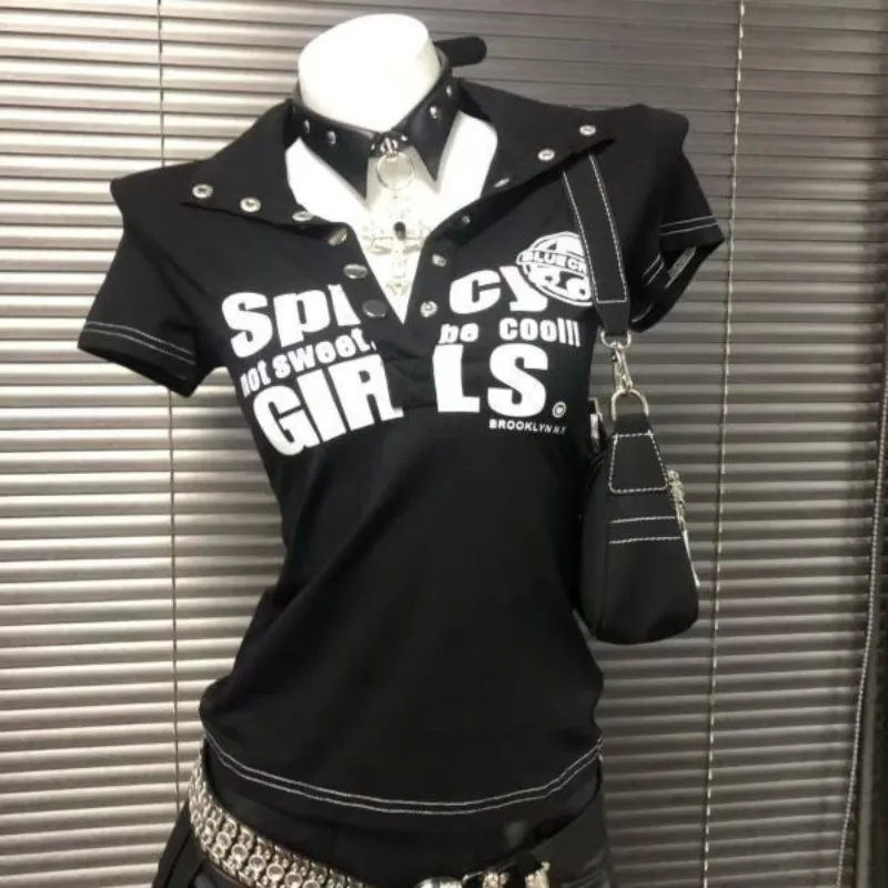 Y2k Women Subculture Goth Rock Punk Short Sleeve Tops T-shirts Spice Prints Skinny Fashion Vintage Summer Blackquick-drying