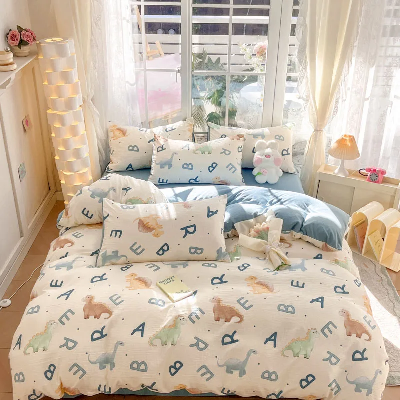 Cartoon Dinosaur Letter Duvet Cover 4pcs Bedding Set Dino Quilt Cover Polyester Home Comforter Cover 1 Flat Sheet 2 Pillowcases