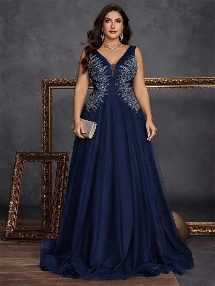 

BLUEPLUM Plus Size Luxury Applique Sequins V-neck Evening Dresses Elegant Tulle Sleeveless Formal Wedding Party Cocktail Gowns