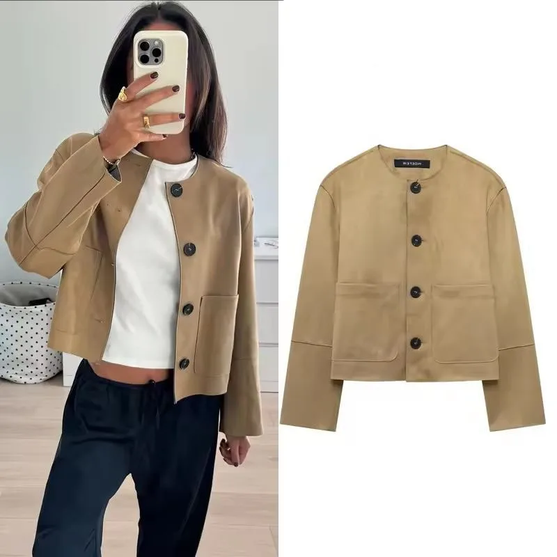 

Women Suede Jackets Solid Color Autumn Winter Lady Chic Streetwear Long Sleeve O-neck Coats Female Single-breasted Outerwear