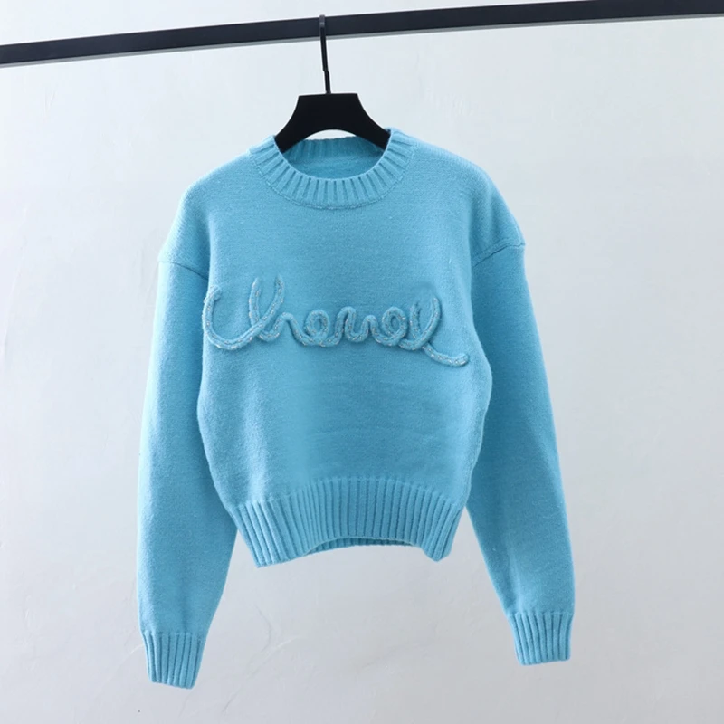 Star Style Blue Round Neck Slim Fit Long Sleeve Knitwear Women\'s Small Fragrance Letter Beaded Sweater