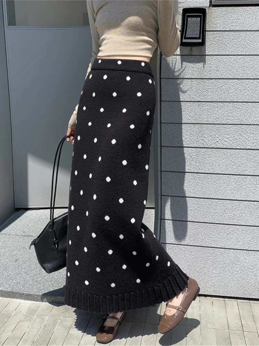 Fall Winter New Arrival Solid Knitted Slim Fishtail Maxi Skirt For Women Vintage Ribbed Pattern High Waist Thicken Bodycon Skirt