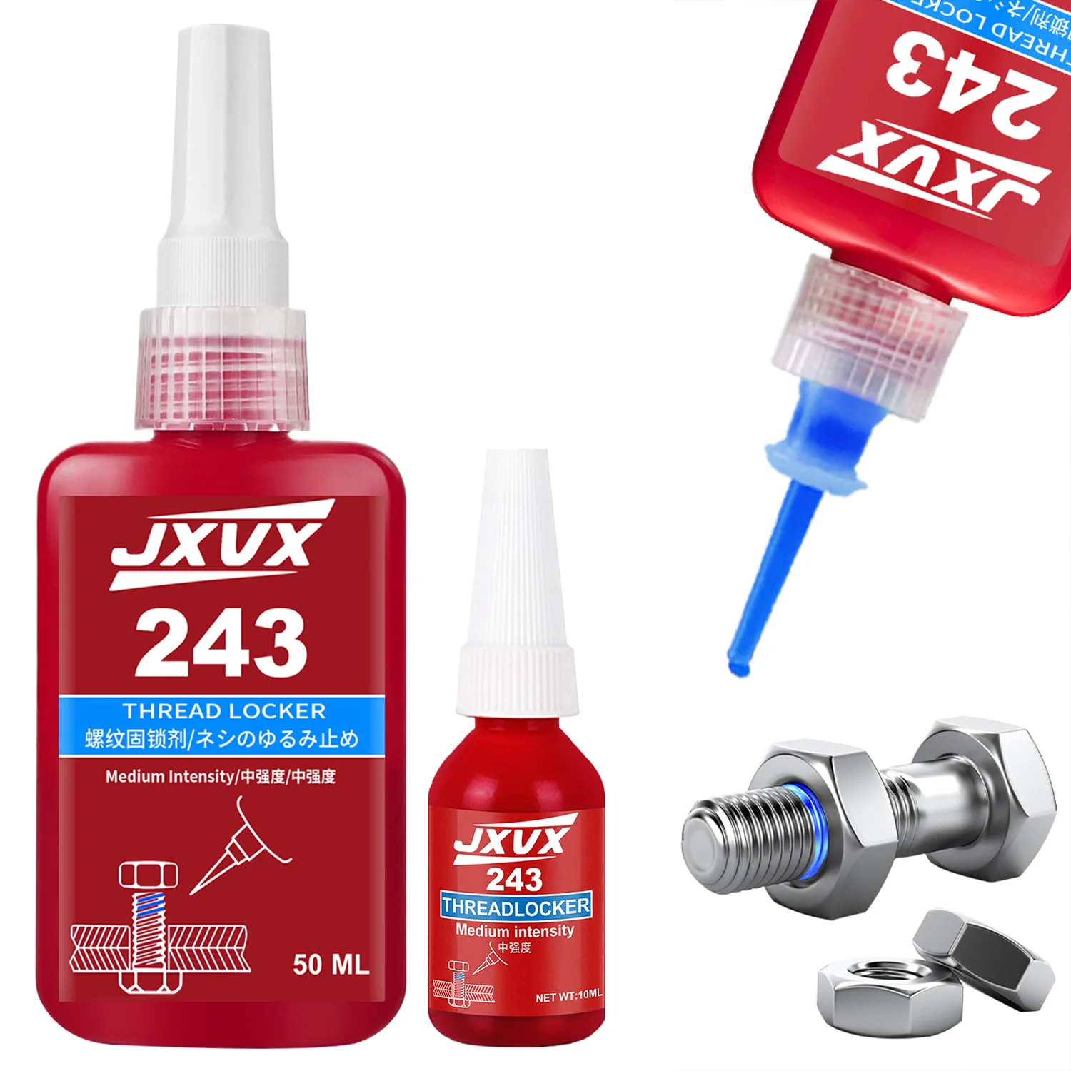 Adhesivo para tornillos Threadlocker 243 de 50 ml, gel azul de resistencia media (equivalente a Loctite), adhesivo anaeróbico, sellador de resistencia media-alta, resistente al aceite y a altas temperaturas, azul, removible.