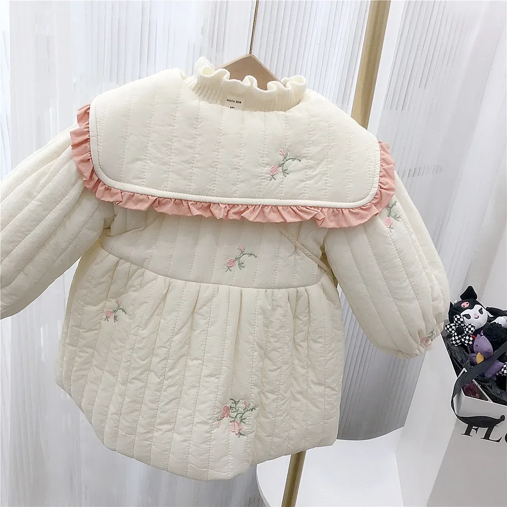 Coat Girl Thickening Cotton Clothes Loose Middle Length Winter New Children Baby Plush Turn Dwon Collar Embroidery 2024