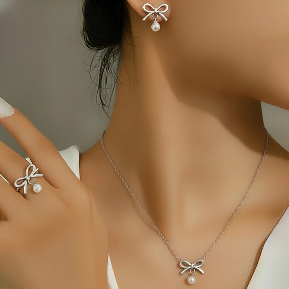4pcs Bow & Pearl Jewelry Set, Necklace, Earrings & Ring, Dainty Gold Plated for Women, Perfect for Daily Wear & Valentine’s Gift