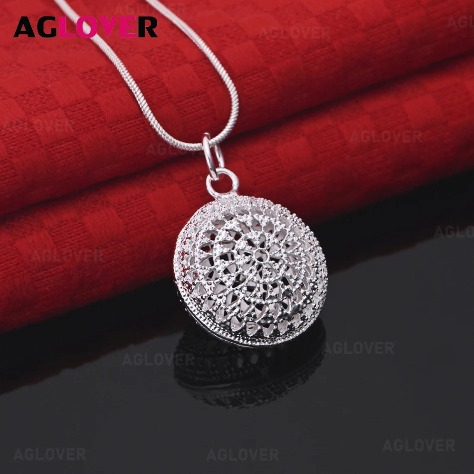 

AGLOVER 925 Sterling Silver Hollow Pattern Round Cake Pendant Necklace Women's Exquisite Cute Wedding Party Jewelry