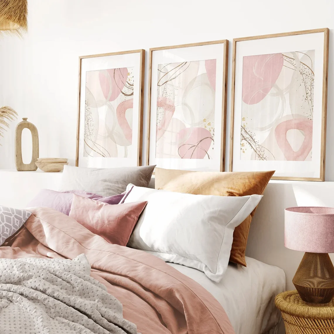 3pcs Set Wall Art Pink Canvas Print Painintg Modern Abstract Art Minimalist Living Room Wall Decor Blush Pink Decor Gift Post
