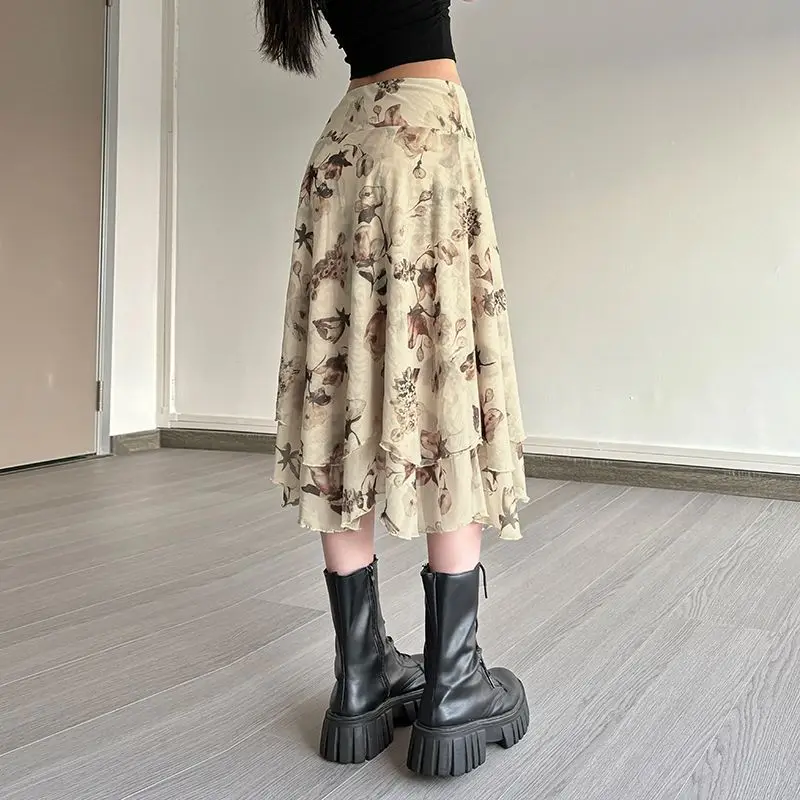 レディースファッション プリントミルクシルクスカート ローウエスト スリミング ホットガール ミッドレングス