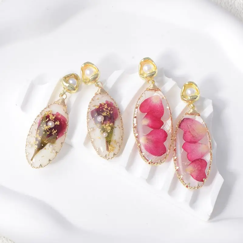 

Colorful Flower Luxury Pearl Earrings Elegant Epoxy Resin Pressed Natural Flower Earrings Women Statement Jewelry Wholesale 2024