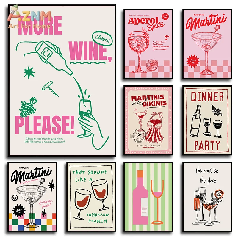 AZNM Retro Colorful Cocktail Wine Canvas Wall Art Aperol Spritz Martini Vintage Bar Typography Kitchen Party Decor Unframed Canv