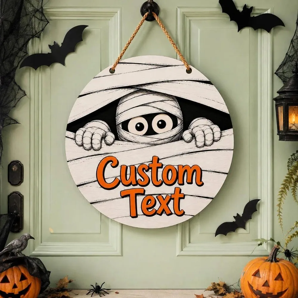 CIFbuy Custom Round Halloween Metal Plaque, Personalized Text Mummy Peeking Bat Wall Ornament (Only For Decoration)