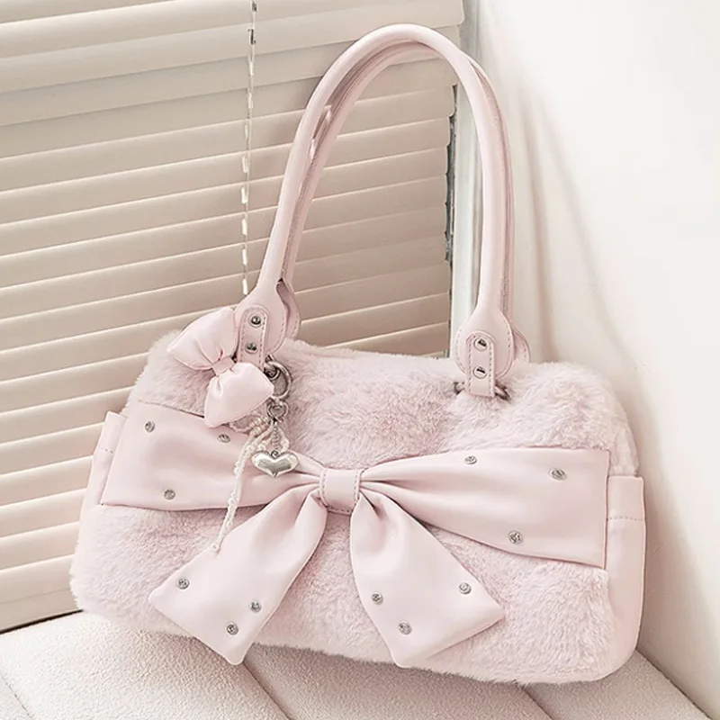 

Зимняя плюшевая сумка в стиле ретро с бантом, милая сверкающая розовая сумка через плечо с бриллиантами, милая и универсальная большая сумка