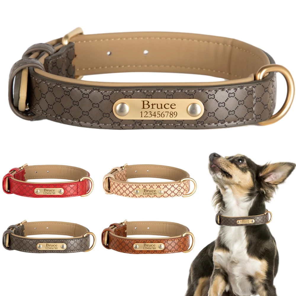 

Customized ID Dog Collar with Nameplate Luxury Leather Bone Patterns Collars for Small Medium Large Dog Free Engraving Dogs Name