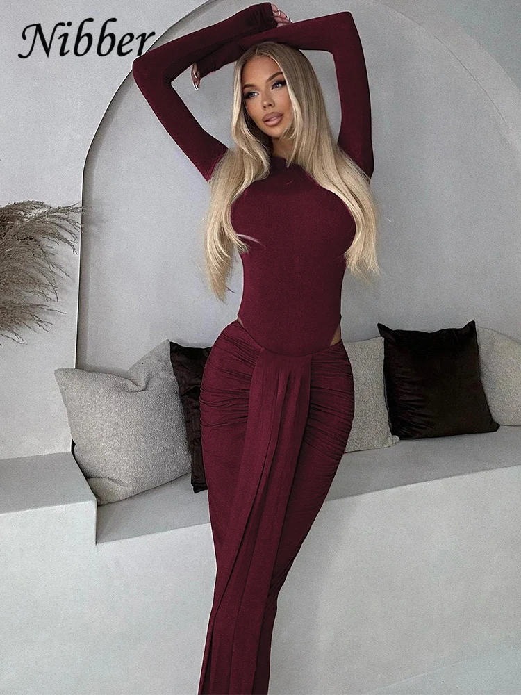 Nibber Casual elegancki damski 2-częściowy zestaw solidne body z dekoltem w kształcie litery "o" z pełnym rękawem + plisy frędzle obcisłe spódnice pasujące garnitury hipsterskie — zdjęcie 5