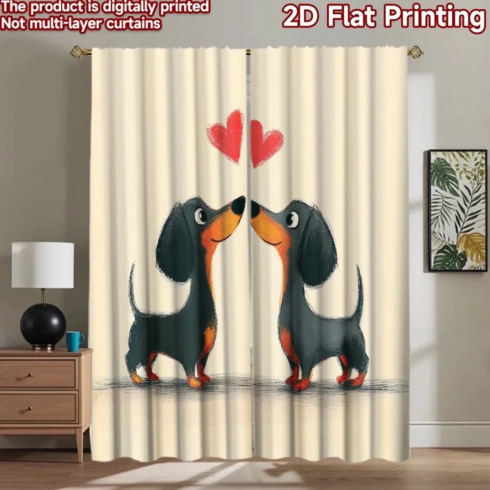 2D flat printing 2pcs Party Curtains Cute Dachshund Couple Hearts Digital Printed Polyester Drapes Festive Curtains for Festive