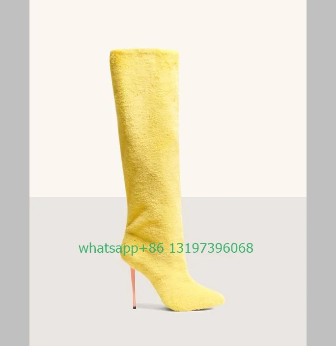 Lady yellow color fur design knee boots pointed toe feather stiletto heel party dance boots fur new arrive  footwear size 35-46