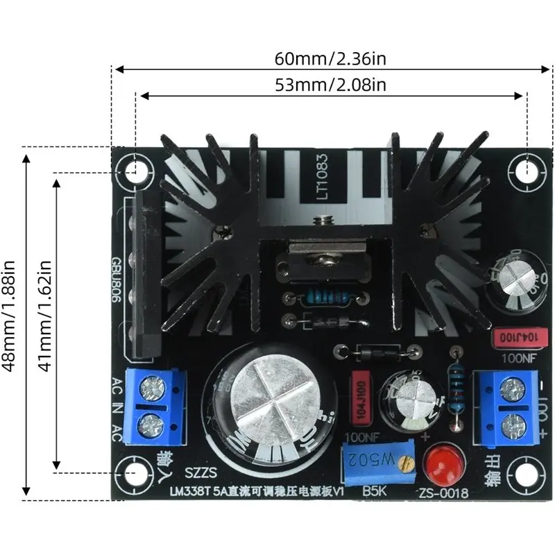 T24C LM338T 5A High-Current Linear Adjustable Voltage Regulator Module (AC 0-24V / DC 0-35V Input)