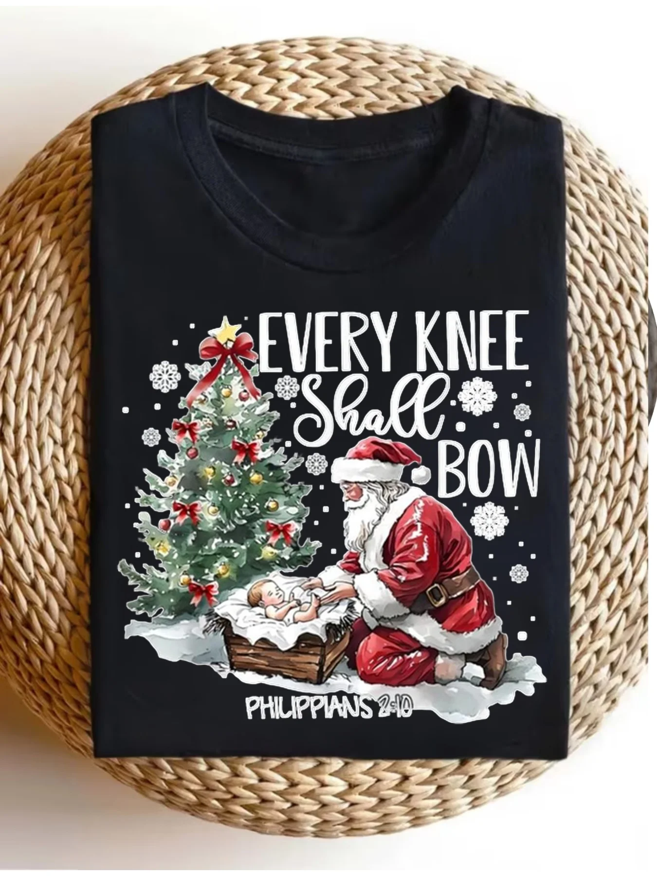 Every Knee Shall Bow Santa Christmas Nativity Scene TShirt Casual Crew Neck Tee with Santa Print Regular Fit Holiday Apparel for Adults Christmas Shirtsi0Women's Round Neck Top, Casual and Versatile.