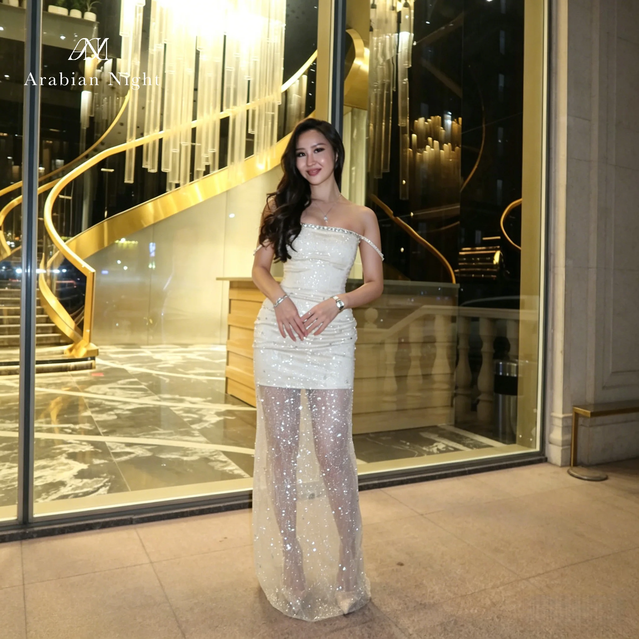

Customized Beads Strapless White Evening Gown Exquisite Elegant Vintage Women's Formal Cocktail Dress Celebrity Style