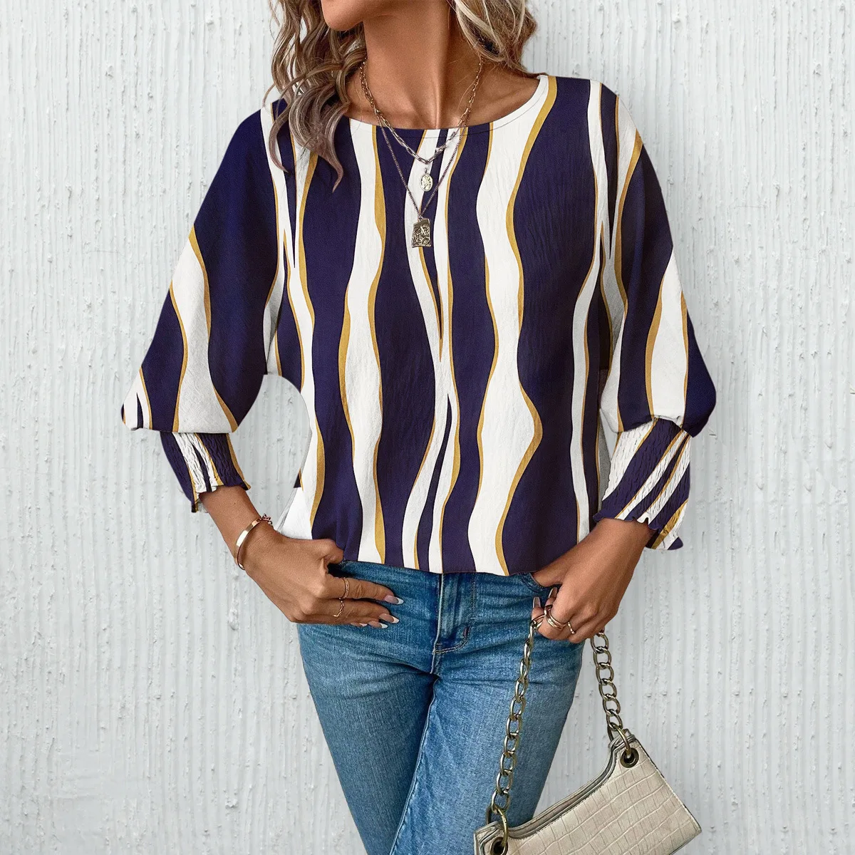 

Women's Fashion Print Irregular Lantern Sleeve Chiffon Blouse Shirt Ladies Casual Three-quarters Sleeve O-neck Temperament Shirt