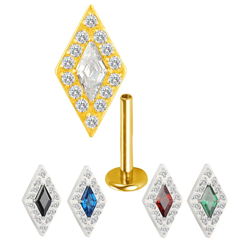 

G23 Titanium EAR PIERC rhombus Surround CZ Paved Top Labret Studs Ear Cartilage Parallelogram Earrings Lip Stud Piercing Jewelry