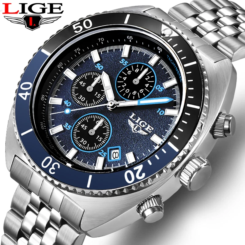 LIGE Fashion Silver Men Watch Businsess Stainless Steel Watches Mens Waterproof Luminous Date Quartz Wrist Watch for Man Clock