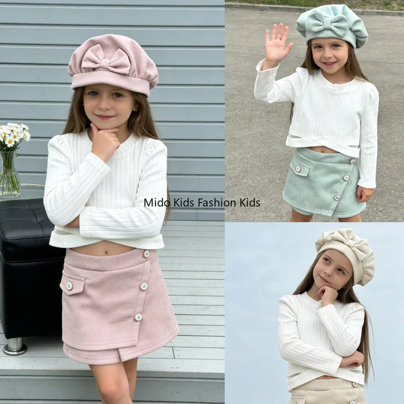 

Spring Autumn Korean Style Bow Beret Hat Ribbed Long Sleeve Top Mini Skirt Candy Color Fashion Girls 3 Piece Set for 80-120cm