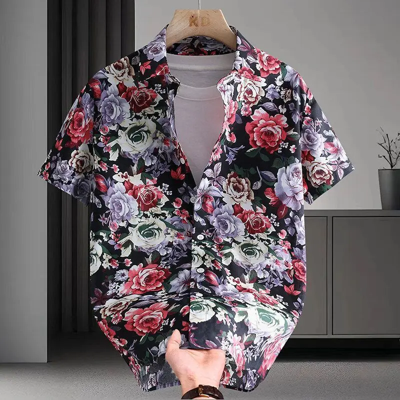 

2026 New Men's Icy Silk Sensation Floral Short Sleeve Shirt Korean Thin Casual Summer Tops Loose Fit Stylish Blouse
