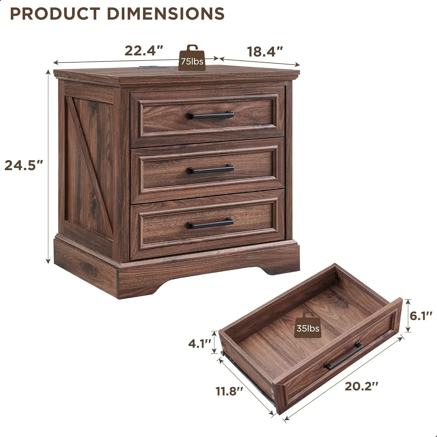 Rustic Brown Nightstand End Table with Charging Station and Three Drawers
