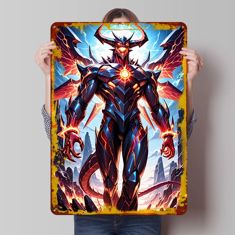 Armored Demon With Fiery Wings Poster Customized Wall Art Vintage Metal Signs Retro Tin Plaque for Man Cave Bathroom Decor Room