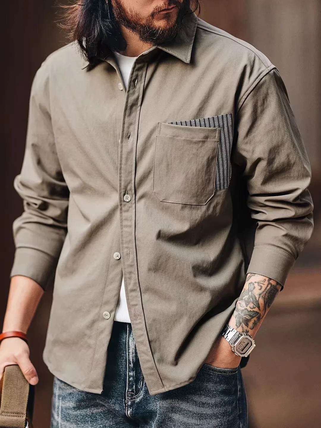 

Large Size American Retro Design Color Blo ket Long Sve irt Men's Spring Autumn New Sle Workwear irt Jaet