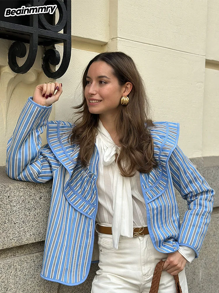 Moda azul contraste cor tira boneca colarinho jaquetas primavera novas mulheres manga longa solto casacos curtos 2025 famale commute usa