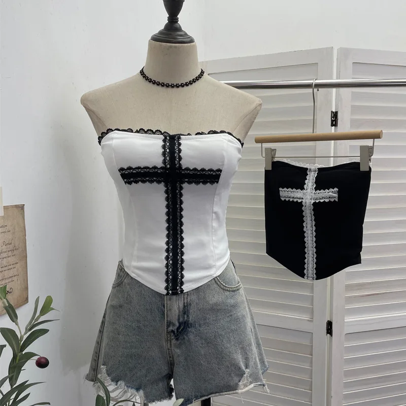 Chic Clothing For Women Lace Cross Bralette Tube T-shirt With Padded Cups Anti Slip Strips  Summer Y2K Cropped Belly Top  1283