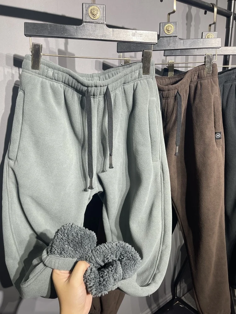 Thickened Fleece Lamb Velvet Men's Pure Color Winter Warm Casual Pants Loose Fit Youthful Style Long Trousers Sporty Trendy