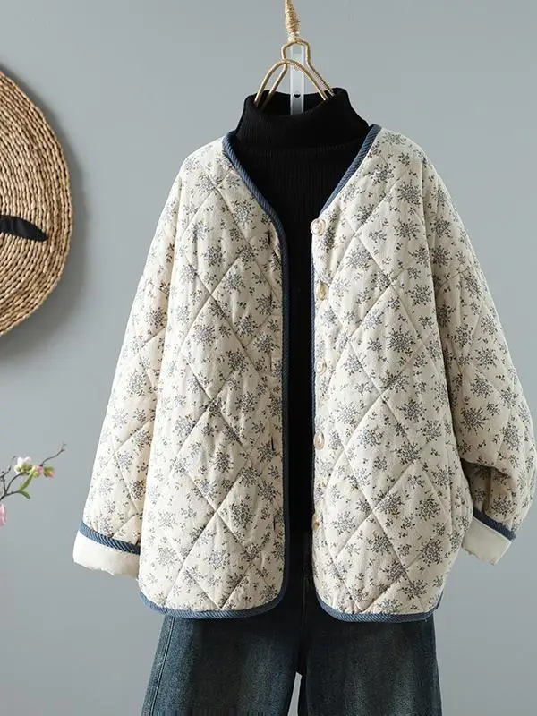 티엔드 쏘운 코튼 자켓 따뜻한 아우터웨어 루즈핏 다용도 오픈 버튼 순면 충전 프린트 디자인 출퇴근용 코트