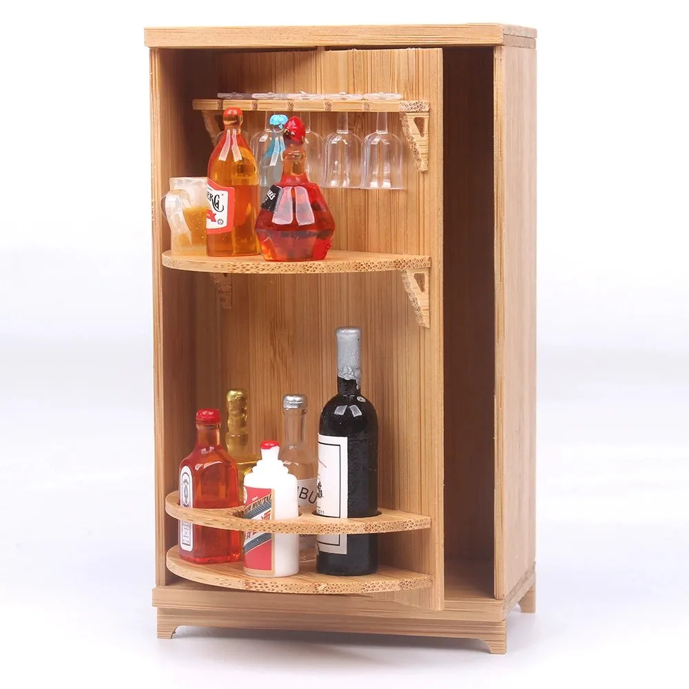 Dollhouse Wine Room Set with Wine Drink Cups Mini Wooden Simulation Food Play Miniature Model House Scene Ornaments Home Decor