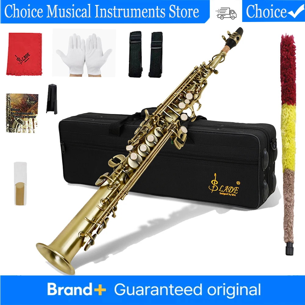 

Саксофон сопрано SLADE, прямой, строй Bb, латунный корпус, деревянный духовой инструмент, с чехлом, перчатками, трости и аксессуарами