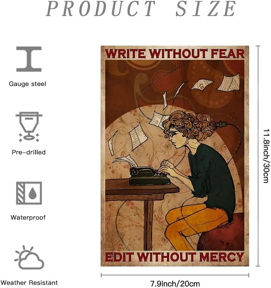 Writer Typing Metal Signs Vintage Office Wall Decor Write Without Fear Edit Without Mercy Tin Posters Room Club Home Art